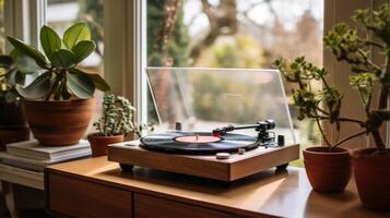 AI generated Vintage turntable in a serene listening space photo