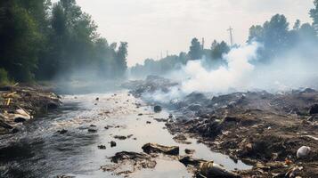 AI generated A polluted riverbank with visible pollution particles in the atmosphere photo