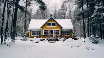 ai generado acogedor cabina estilo pensión anidado en un pintoresco bosque, Perfecto para un invierno Aléjate foto