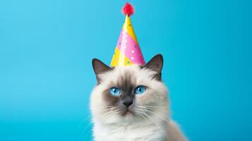 ai generado hilarantemente no impresionado gato vistiendo un fiesta sombrero a un celebracion foto