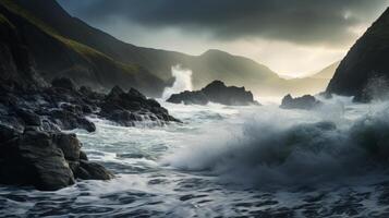AI generated A dramatic coastal landscape with crashing waves photo