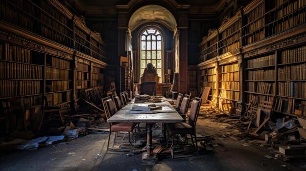 AI generated A ghostly presence in an old, decrepit library photo