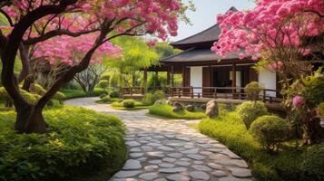 ai generado un tranquilo jardín pensión con floreciente flores y sereno caminos foto