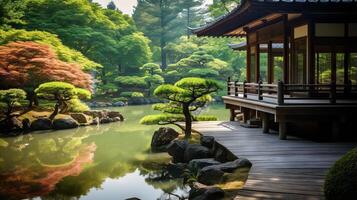 ai generado un zen templo jardín con un estanque reflejando el rodeando belleza foto