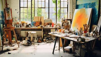 AI generated An artist's studio with works in progress and creative chaos photo