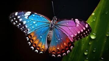 ai generado un de cerca de gotas de lluvia en un de mariposa alas con un arco iris foto