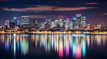 ai generado un de cerca de ciudad luces reflejando en un río a noche foto