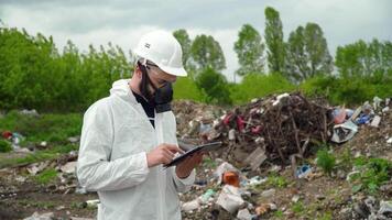 Environmental inspector with tablet records pollution level on city dump. Environmental pollution concept video