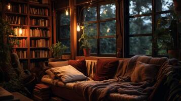 AI generated Cozy reading spot with calming lofi beats photo