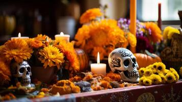 AI generated Day of the dead marigold offerings on a beautifully decorated altar photo