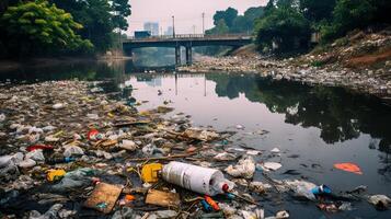 ai generado contaminado río con basura y escombros foto