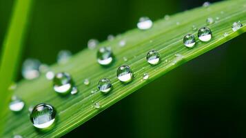 AI generated Hyper zoom closeup of a droplet on a blade of grass photo