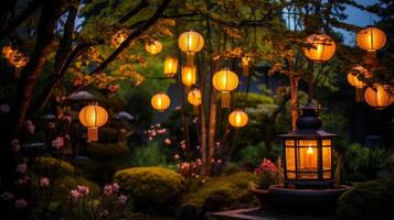 AI generated Glowing lanterns illuminating a garden at twilight photo