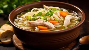 AI generated A bowl of comforting chicken noodle soup with steam rising photo