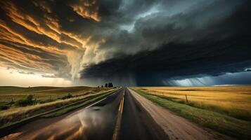 AI generated A road with a dramatic, stormy sky overhead photo