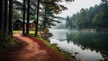 AI generated A road leading to a serene riverside cabin photo