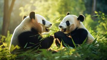ai generado amable gigante pandas masticando bambú foto