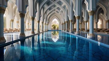 AI generated A mosque's serene reflection pool with arched colonnades photo