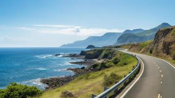 AI generated A coastal road with a serene, calm sea photo