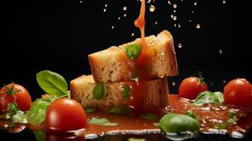 AI generated A piece of bread making a satisfying splash in gazpacho photo