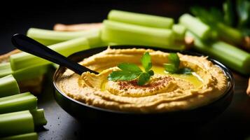 AI generated A celery stick plunging into a pool of hummus photo