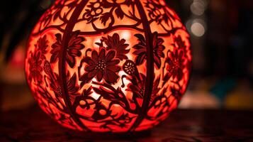 AI generated A close up of a red paper lantern with intricate patterns photo