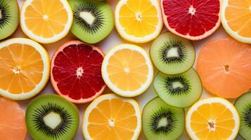 AI generated A colorful array of fresh fruit slices arranged in a pattern photo