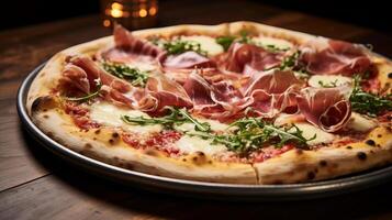 AI generated A closeup of a gourmet pizza topped with prosciutto photo