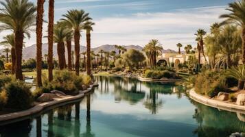 AI generated A serene desert oasis with palm trees photo