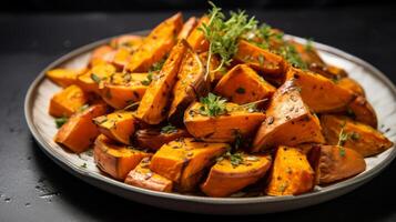 AI generated A plate of roasted sweet potatoes with a sprinkle of herbs photo