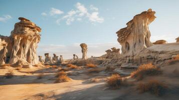 AI generated A desert landscape with unique, otherworldly rock formations photo