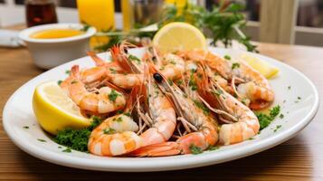 AI generated A plate of succulent seafood with lemon wedges and herbs photo