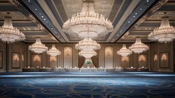 AI generated Sparkling crystal chandeliers in a grand ballroom photo