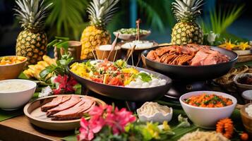 ai generado un tropical luau mesa con hawaiano platos foto