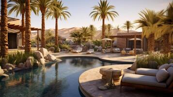ai generado un tranquilo Desierto oasis con palma arboles y un reluciente piscina para relajación foto