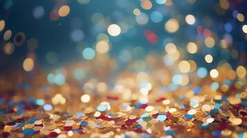 AI generated Closeup of confetti on a glittering background photo