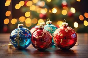 AI generated Joyful holiday scene with colorful christmas ornaments photo