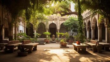 AI generated A tranquil courtyard with lush greenery in a mosque photo