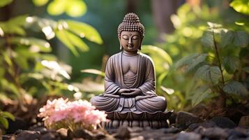 AI generated A buddha figurine in a peaceful zen garden photo