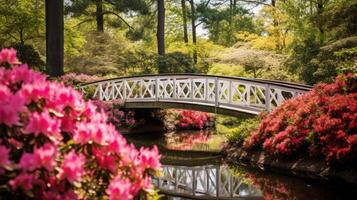 ai generado un jardín puente enmarcado por vistoso azaleas foto