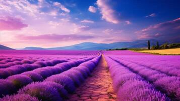 AI generated A road surrounded by fields of vibrant lavender photo