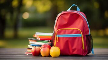 ai generado un mochila lleno con cuadernos, lápices, y un caja de almuerzo foto