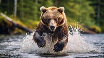 ai generado feroz oso pardo oso emergente desde un río foto