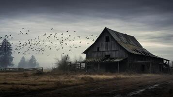 AI generated Barn in a field with a flock of birds flying over it photo