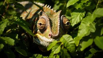 AI generated A chameleon camouflaging among garden foliage photo