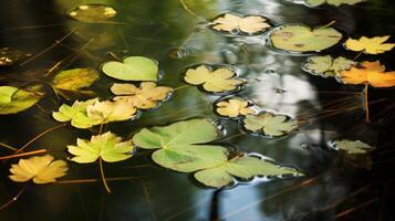 ai generado hojas con reflexiones en un estanque foto