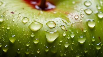 ai generado manzana rebanada con gotas de rocío foto