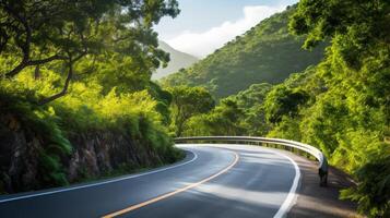 ai generado un devanado la carretera rodeado por lozano tropical verdor foto