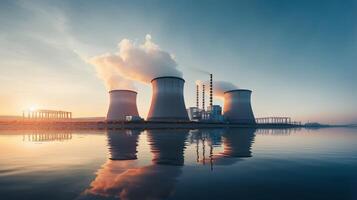 AI generated Nuclear power plant at dawn with misty surroundings photo