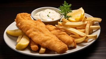 AI generated A plate of crispy and golden fish and chips with tartar sauce photo